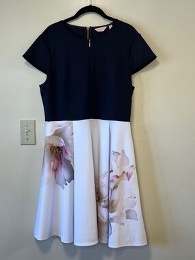 Ted Baker London Navy and White Floral Fit-and-Flare Dress